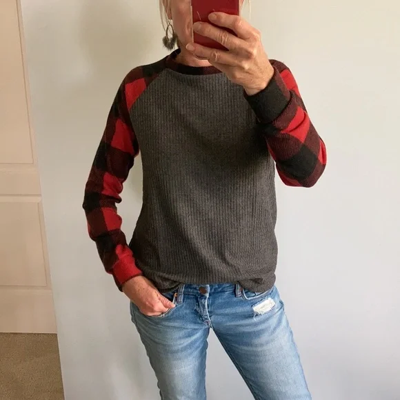 Black, Red, Grey Long Sleeve Tunic Top - Picture 1 of 13